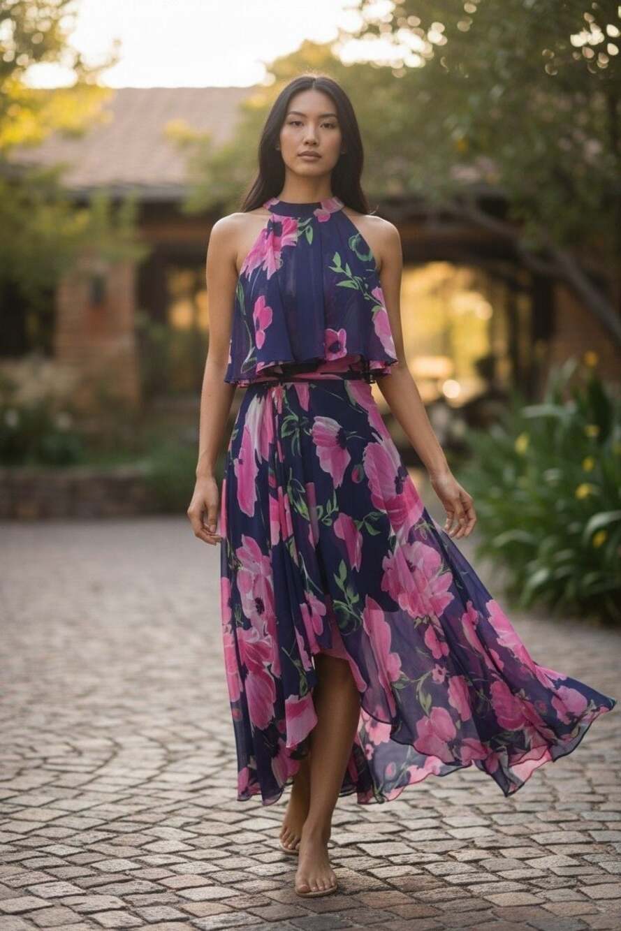 Eliza J Navy Pink Floral Chiffon Halter Hi-Lo Maxi Dress